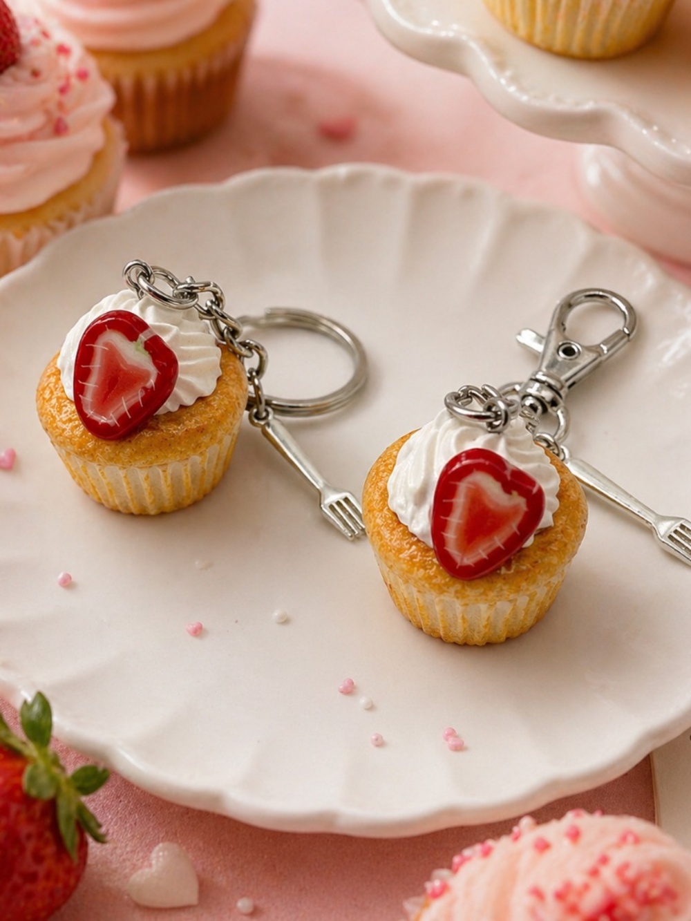 Cupcake Keychain or Bag Clip – Strawberry Handmade Dessert Cupcake Charm